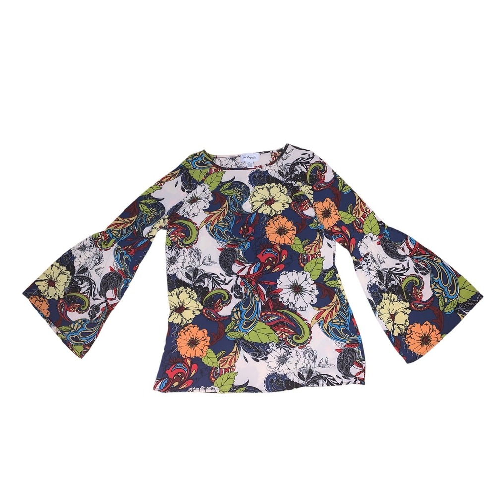 Peck & Peck Blouse Shirt Womens M Floral LS Bell Sleeves Stretch Office‎ Work